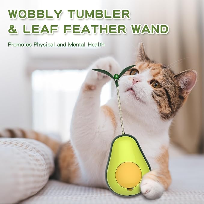 3-in-1 Catnip Toys for Cats with Feather Cat Toy Wand & Cat Treat Dispenser, Tumbler Interactive Christmas Cat Toys for Indoor Cats, Avocado Cat Puzzle Feeder, Funny Kitten Treats