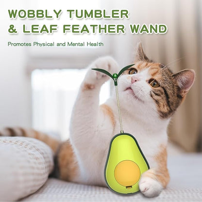 3-in-1 Catnip Toys for Cats with Feather Cat Toy Wand & Cat Treat Dispenser, Tumbler Interactive Christmas Cat Toys for Indoor Cats, Avocado Cat Puzzle Feeder, Funny Kitten Treats