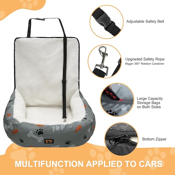 Dog Car Seat for Small Medium Dogs Under 30 lbs, Fully Detachable and Washable Cat Booster Car Seats for Front & Black Seat with Safety Leash Belt (Bone, M)
