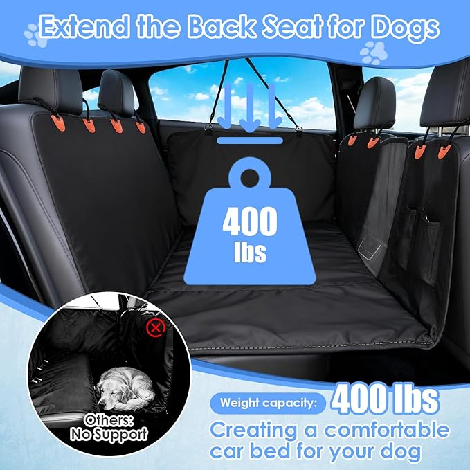 Gugxiom Upgraded PU Leather Back Seat Extender for Dogs, Waterproof Heavy Duty Hard Bottom Dog Car Seat Cover Hard Bottom, Support 400lbs, Anti-Scratch Dog Hammock for Car, SUV, Truck