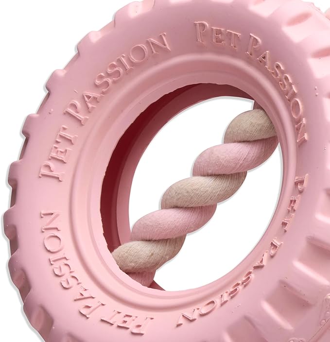 Natural Rubber Tire and Organic Cotton Rope Pull and Chew Dog Toy for All Pet Breeds, Blush, Medium