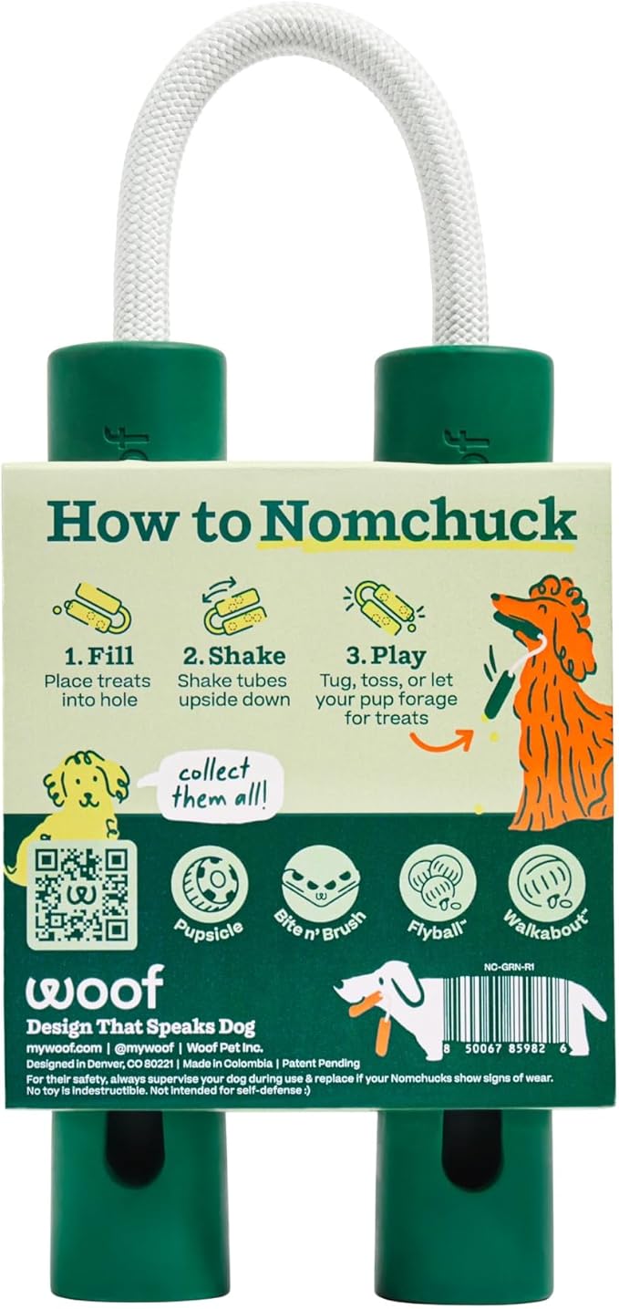 WOOF Nomchucks - Dual Puzzle Feeder Enrichment Dog Toy and Tug Toy with 3 Interactive Zones - Designed with Long-Lasting Nylon Rope and Natural Rubber - Pairs Puzzle Treats