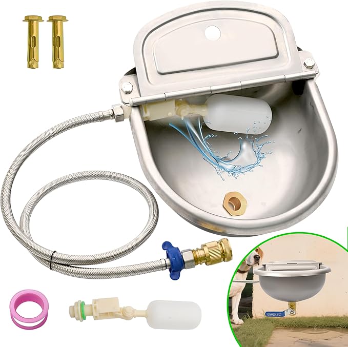 Automatic Dog Water Dispenser with Drain Hole & Drain Valve, Stainless Steel Auto Dog Water Bowl with 2 Float Valves, Hose Quick Connect Fitting, for Livestock, Chicken, Horse (1 Gallon)