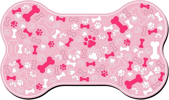 Dog & Cat Food Mat Bone Shaped Pet Feeding Mat Quick Absorb Water Bowl Placemat with Rubber Backing Indoor Floor Stain Resistant Pet Accessory Supplies (Light Pink, 17x29 Inches)