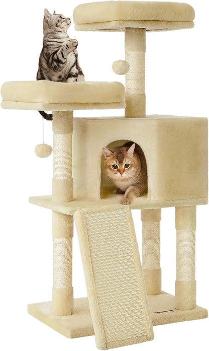 Feandrea Cat Tree, 45.3-Inch Cat Tower, Plush Condo with Scratching Post, Ramp, Perch, Spacious Cave, for Small Space, Beige UPCT141M01