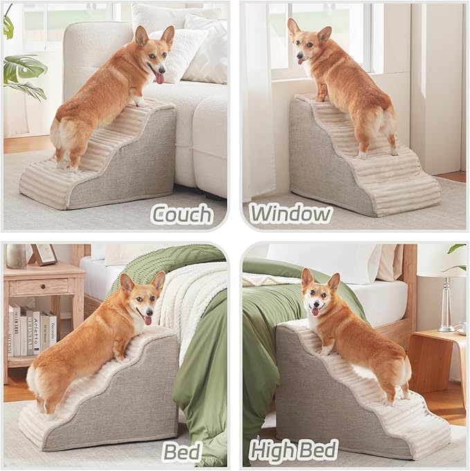 Dog Stairs for Small Dogs and Cats 18" H, High Density Support Foam Dog Steps Ramp for Bed and Couch, Pet Stairs with Non-Slip Bottom and Remove Washable Cover, 4-Step Pet Steps, Beige