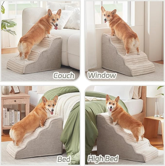 Dog Stairs for Small Dogs and Cats 18" H, High Density Support Foam Dog Steps Ramp for Bed and Couch, Pet Stairs with Non-Slip Bottom and Remove Washable Cover, 4-Step Pet Steps, Beige