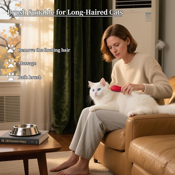 Cat Brush for Shedding - Perfect Grooming Tool for Long-Haired Cats | Deshedding & Hair Remover for Indoor Pets (Rose Red)
