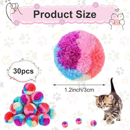 Premium Soft Pom Pom Balls for Kittens & Puppies, Lightweight Interactive Assorted Colors Cat Ball Toys, Kitten Toys for Indoor Cats Kitty, Pet Products for Cats, Dogs(1.2 Inches 30 Balls)