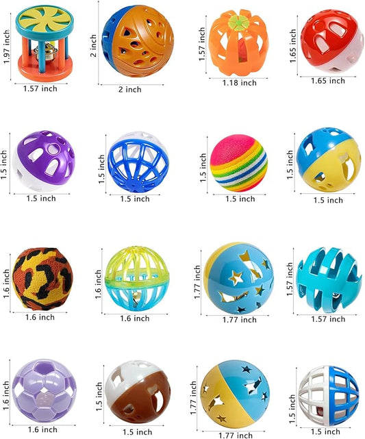 26 Pcs Cat Balls Set for Indoor Bored Kitten, 16 Shapes PP Cat Toys with Bells for Play & Exercise (1.5'' - 3.7'')