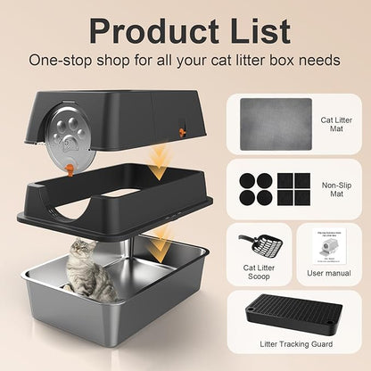Stainless Steel Litter Box 24" with Lid, XL Extra Large Litter Box, Enclosed Top Entry Metal Litterbox for Big Cat, Easy Cleaning, Anti-Leakage & High Sided with Mat, Aisle & Scoop Black