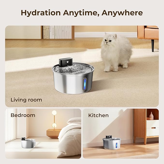 Wireless Stainless Steel Pet Water Fountain, 3.2L/108oz Automatic Cordless Water Dispenser with 3 Smart Modes, Ultra Quiet Pump, Rechargeable Battery, Multi-Filtration for Cats & Dogs
