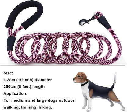 MayPaw Heavy Duty Rope Dog Leash, 3/4/5/6/7/8/10/12/15 FT Nylon Pet Leash, Soft Padded Handle Thick Lead Leashes for Large Medium Dogs (Pink Black, 1/2" * 8')