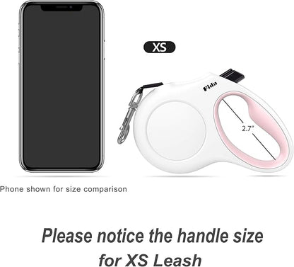 Fida Retractable Dog Leash with Dispenser and Poop Bags, 10 ft Pet Walking Leash for X-Small Dog or Cat up to 18 lbs, Anti-Slip Handle, Tangle Free, Reflective Nylon Tape (XS, White)