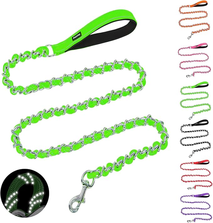 HOMIMP Chew Proof Dog Leash for Medium Large Dogs, Reflective 6 FT Heavy Duty Metal Chain Dog Leashes with Soft Padded Handle, Anti Bite Durable Rope Leashes for Pitbull, Non Chewable