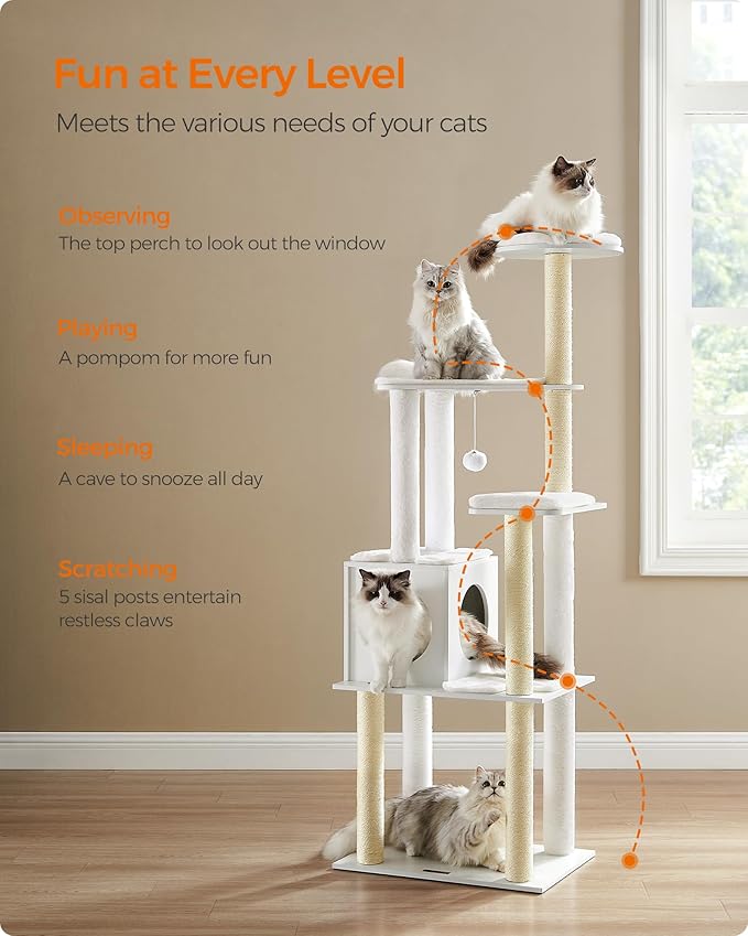 Feandrea Cat Tree, 65-Inch Modern Cat Tower for Indoor Cats, Multi-Level Cat Condo with 5 Scratching Posts, Perch, Washable Removable Cushions, Cat Furniture, Cloud White UPCT166W01