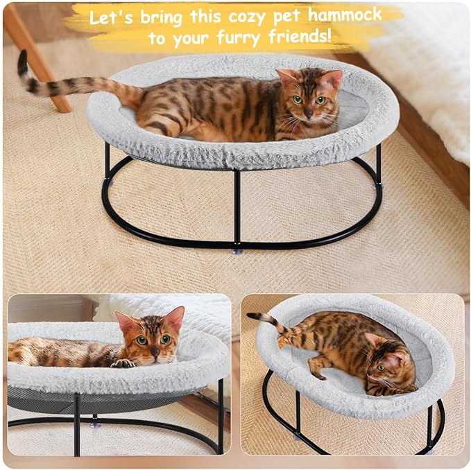 Elevated Cat Hammock Bed for Indoor Cats, Fluffy Warm Cuddle Cats Bed with Detachable Pad Bed Cover, Portable Pet Bed Raised Cuddler for Sleeping Kittens, Small Dog, Oval Cat Hammock Grey