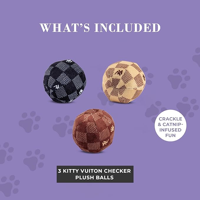 Vuiton Checker Balls Set, Plush Cat Toys Catnip Filled with Interactive Crackle Sound, Safe & Durable Toys for Cat & Kitten, 3 Pcs