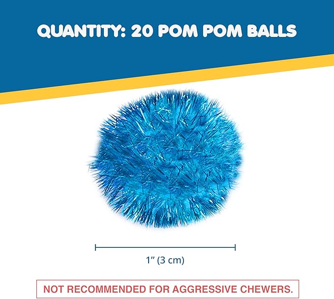 SunGrow Cat Pom Pom Balls, 20 Multi-Colored Shiny Enrichment Tinsel Pom Poms, 1” Tight Woven Yarn, Fuzzy Flash Balls for Indoor Kitten, Assorted Soft Glitter Orbs for Feline's Body and Brain Workout