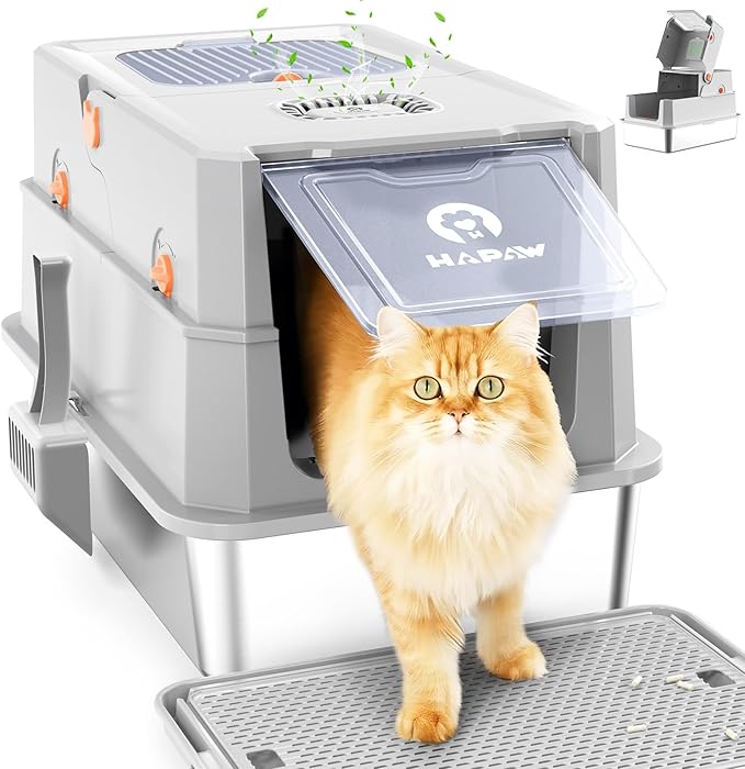 Stainless Steel Litter Box with Lid, Anti-Leakage Enclosed Metal Litter Box, Flip-Top Extra Large Kitty Litter Pan with Scoop & Pedal, Odor Free, Front & Top Dual Entry, Light Gray