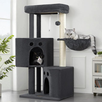 Small Cat Tree Tower for Indoor Cats, 40 In Medium Multi-Level Compact Cat House Bed with 2 Condos, Large Platform Perch, Sisal Scratching Post, Hammock, Cat Climbing Stand for Kitty kitten(Dark Grey)