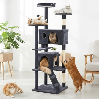 DUMOS 62-inch Indoor Cat Tree Tower –Multi-Level Pet House for Large Cats with 2 Condos, Scratching Posts, Round Platform, Small Ladder, and Toys, Grey