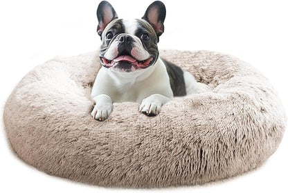 JOLLYVOGUE Calming Dog Beds Large Sized Dog, 36in Donut Washable Large Pet Bed, Anti-Slip & Anti-Anxiety Fluffy Faux Fur Round Dogs Bed, Fits up to 80 lbs Pets (Cream Brown)