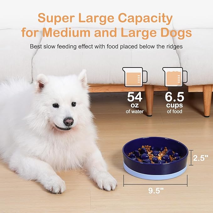Sted Ceramic Slow Feeder Dog Bowls for Medium Large Breed, Slow Feeding Dog Bowl, Dogs Food Bowls for Fast Eaters, Puzzle Dogs Food Bowl with Silicone Base, Maze Blue