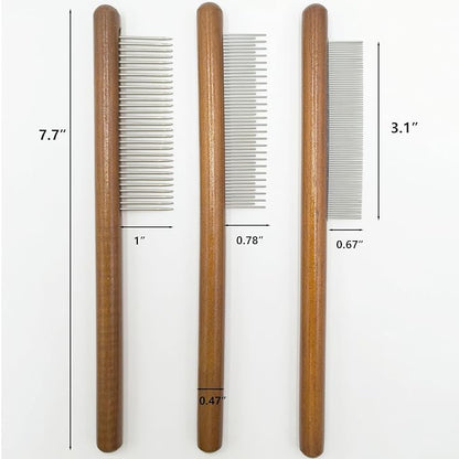3 Pack Wood Pet Grooming Combs with Stainless Steel Teeth for Cat Dog Rabbit, Flea Lice Comb Grooming Tool Set for Small Medium Pets