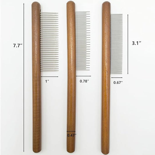 3 Pack Wood Pet Grooming Combs with Stainless Steel Teeth for Cat Dog Rabbit, Flea Lice Comb Grooming Tool Set for Small Medium Pets