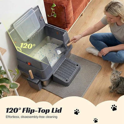 Stainless Steel Enclosed Litter Box with Lid, XL Extra Large Side Entry Metal Litter Box for Big Cats, Removable Cat Litter Box with High-Sided Enclosure, Scoop, Filter Footboard & Mat, Grey