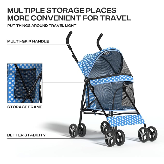 Dog Stroller for Small Dogs 10 lbs -22lbs Puppy Stroller Medium Dog Wagon Small Pet Stroller for Cats, Cat Strollers for 2 Cats, Rear Storage, Blue Polka Dots