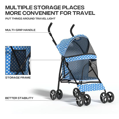 Dog Stroller for Small Dogs 10 lbs -22lbs Puppy Stroller Medium Dog Wagon Small Pet Stroller for Cats, Cat Strollers for 2 Cats, Rear Storage, Blue Polka Dots