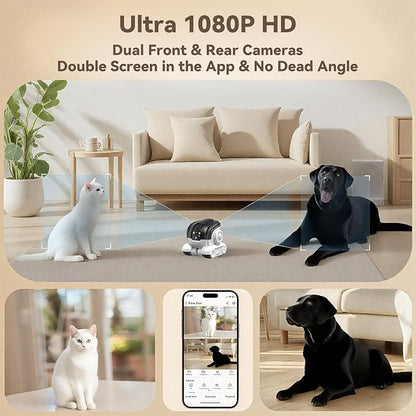 AEZ Robot Camera on Wheels 1080P Dual Lens,Security Indoor Camera with 2-Way Talk,Blinky Bot with Night Vision, Distance Bot 5200mAh Battery & App Control for Cats/Dogs/Baby/Elderly (SD/Cloud Storage)