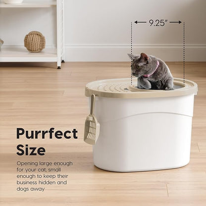 IRIS USA Large Top Entry Cat Litter Box with Lid Enclosed Covered Hooded Design Litter Catching Scatter Shield Pan Dog Proof Pet Proof Scoop Included Odor Control for Indoor Cats Kittens White/Beige