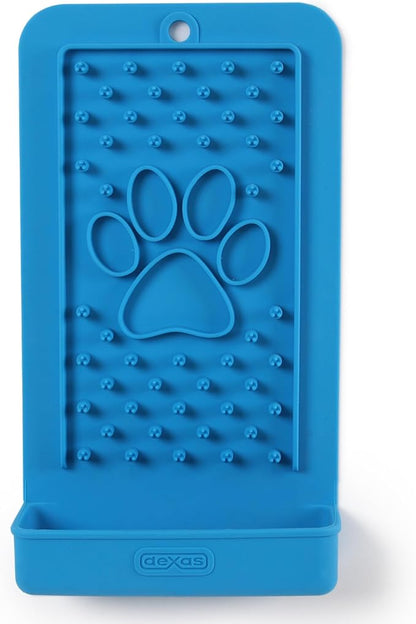 Dexas Snack & Distract Licking Mat with Catch Tray for Dogs and Cats-5"x 9", Pro Blue. Sticks to Most Slick or Smooth Surfaces. Eases Anxiety, Prevents Boredom, Entertains and Distracts.