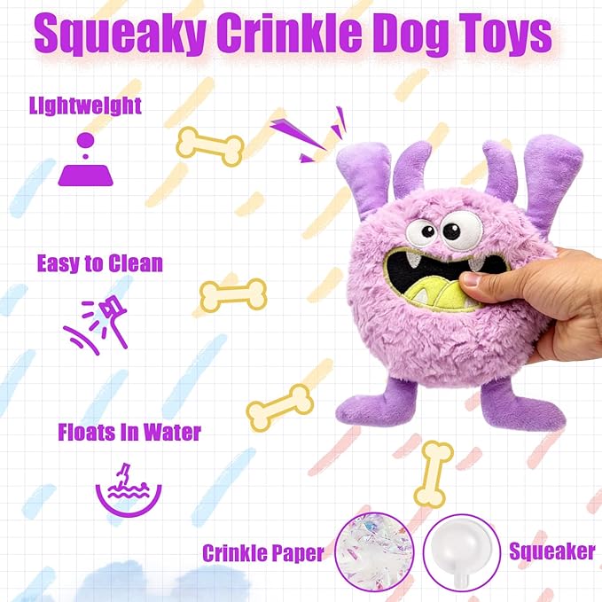 Plush Squeaky Dog Toy, Crinkle Stuffed Dog Toy Keep Them Busy Tug of War Birthday Dog Chew Toy for Small Medium Large Dogs (Purple)