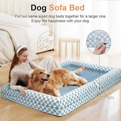 Large Dog Bed Orthopedic Washable: Beds Bolster XXL Bed Big XLarge Dogs Egg Crate Foam Sofa Couch Waterproof Removable Cover - Blue Grid