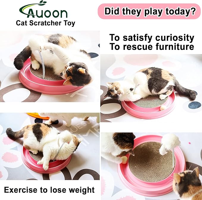 AUOON Cat Scratcher Toy with Ball Track - 3 in 1 Interactive Cat Toy, Cat Scratch Pad with Cat Ball Toy and Plush Cat Mouse Toy for Indoor Cats and Kittens (Gray)