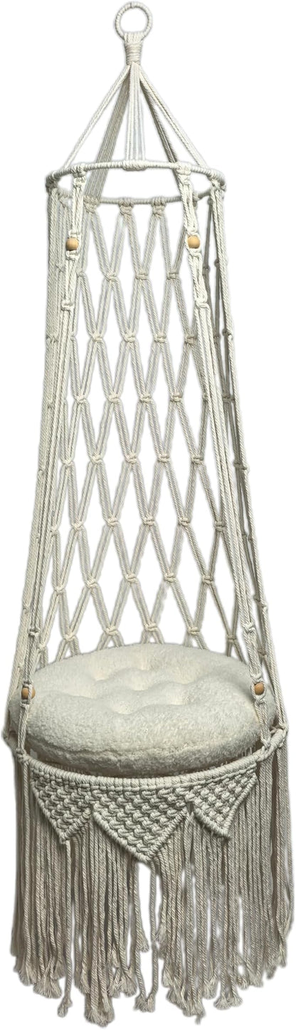 Macrame Cat Hammock 55.11 * 15.74INCH with Faux Lamb Cushion, Handwoven Hanging Bed for Space-Saving Indoor Décor, Cat Swing for Playing Sleeping Climbing and Lounging
