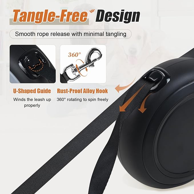 BIGNADO 26ft/8m Retractable Dog Leash with Poop Bag Holder for Medium Large Dogs Up to 110lbs/50kg, Heavy Duty Dog Walking Leash with Anti-Slip Grip, No-Tangle Leashes, One-Handed Lock - Black
