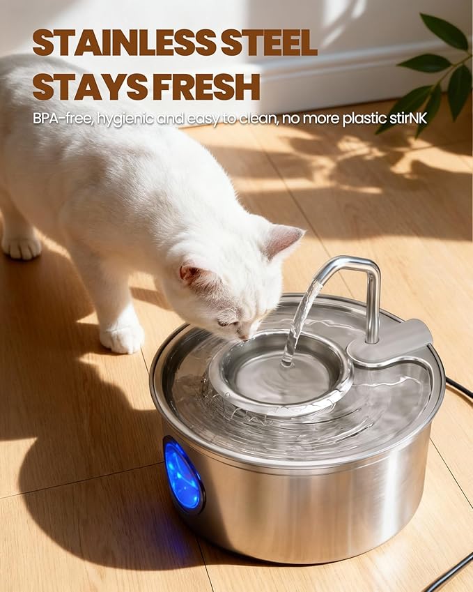 Cat Water Fountain,108oz/3.2L Stainless Steel Cat Fountain and Removable Water Bowl,Pet Fountain with Water Level Window,Quiet Pump,Multi-Filter, Water Tap, Provides Flowing,for Dog Cats