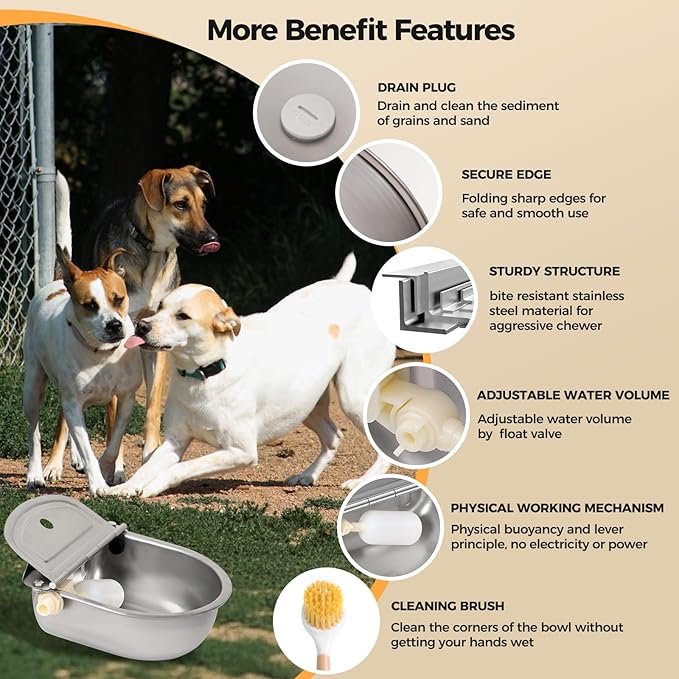 BinetGo Outdoor Automatic Water Dispenser for Dogs, Stainless Steel Bite Resistant Automatic Dog Water Bowl with Drain Plug, Outside Auto Refillable Water Bowl with Float for Goat Livestock