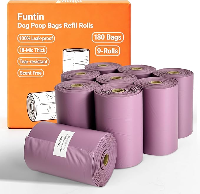 Funtin Premium Dog Poop Bags, Guaranteed Leak Proof, Extra Thick 18-Micron Unscented Waste Bag Refill Rolls (180-Bags Only (Purple))