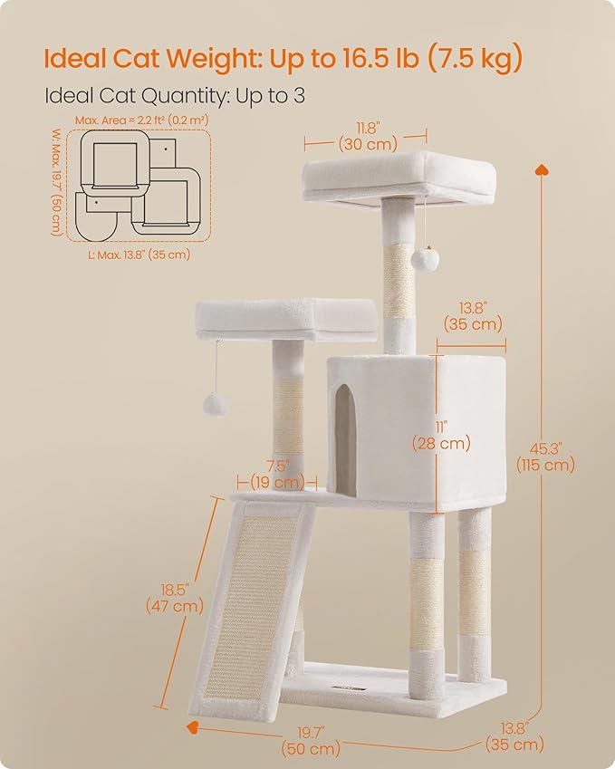 Feandrea Cat Tree, 45.3-Inch Cat Tower, Plush Condo with Scratching Post, Ramp, Perch, Spacious Cave, for Small Space, Cream White UPCT141W02