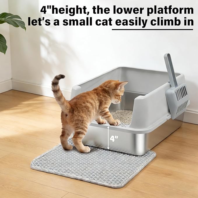 Stainless Steel Litter Box with Lid, Metal Litter Box High Sides, Low Entry Litter Boxes with Scoop and Mat,Non-Stick,Anti-Leakage,Easy to Clean Litterbox for Small to Medium Cats