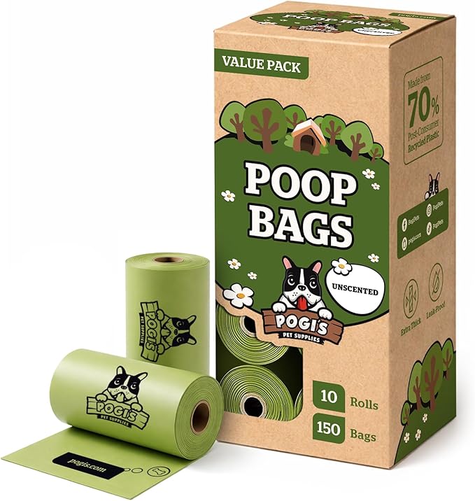 Pogi’s Dog Poop Bags – Leak-Proof & Extra Thick Pet Waste Bags (Unscented, 10 Rolls, 150-Count)