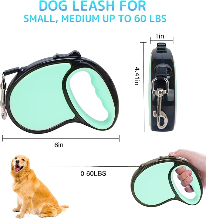 Retractable Dog Leash,16 Ft Dog Retractable Leash,with Anti Slip Handle,Strong Nylon Tape No Tangle,One Handed Brake,Pause,Lock,Suitable for Small and Medium Sized Dogs（Green）