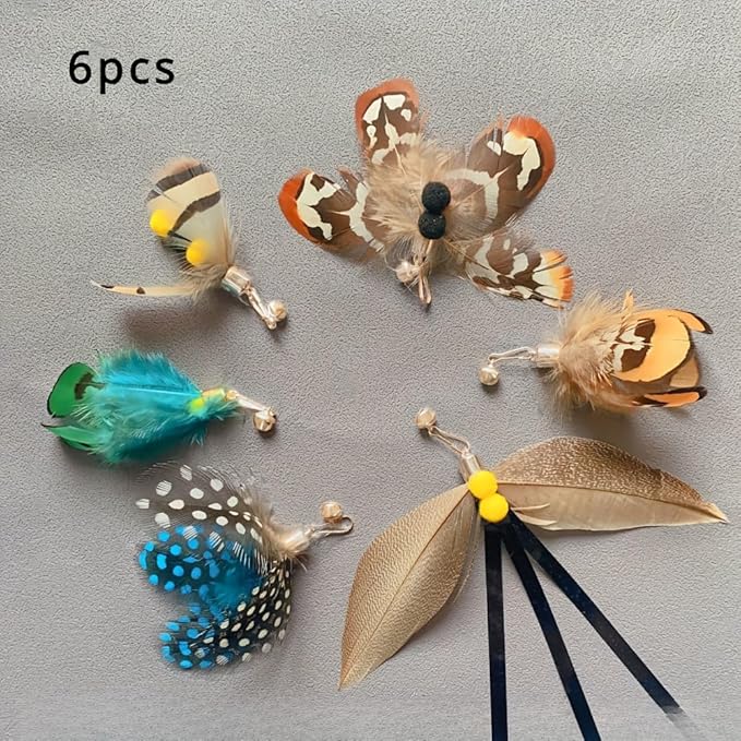 Cat Insect Feather Toy Wand Replacement,Cat Toys Feather Refills,Set of 6 Replacement Heads with Bells,Natural Feather Interactive Cat Toys (Style B)