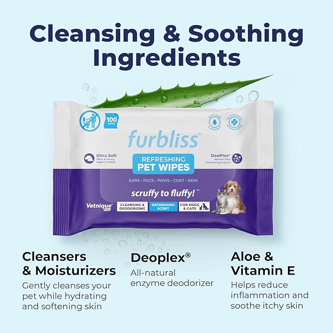 Vetnique Furbliss Hygienic Dog Grooming Wipes Cleansing Grooming & Deodorizing Hypoallergenic Pet Wipes with Natural Deodorizer 100ct (Refreshing Scent)